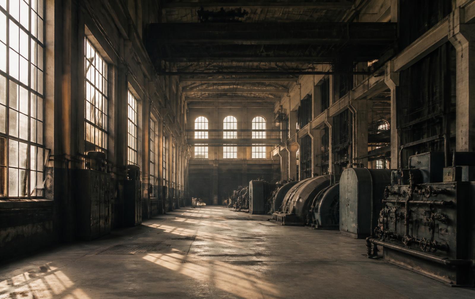 An empty factory hall at dawn with its machines switched off